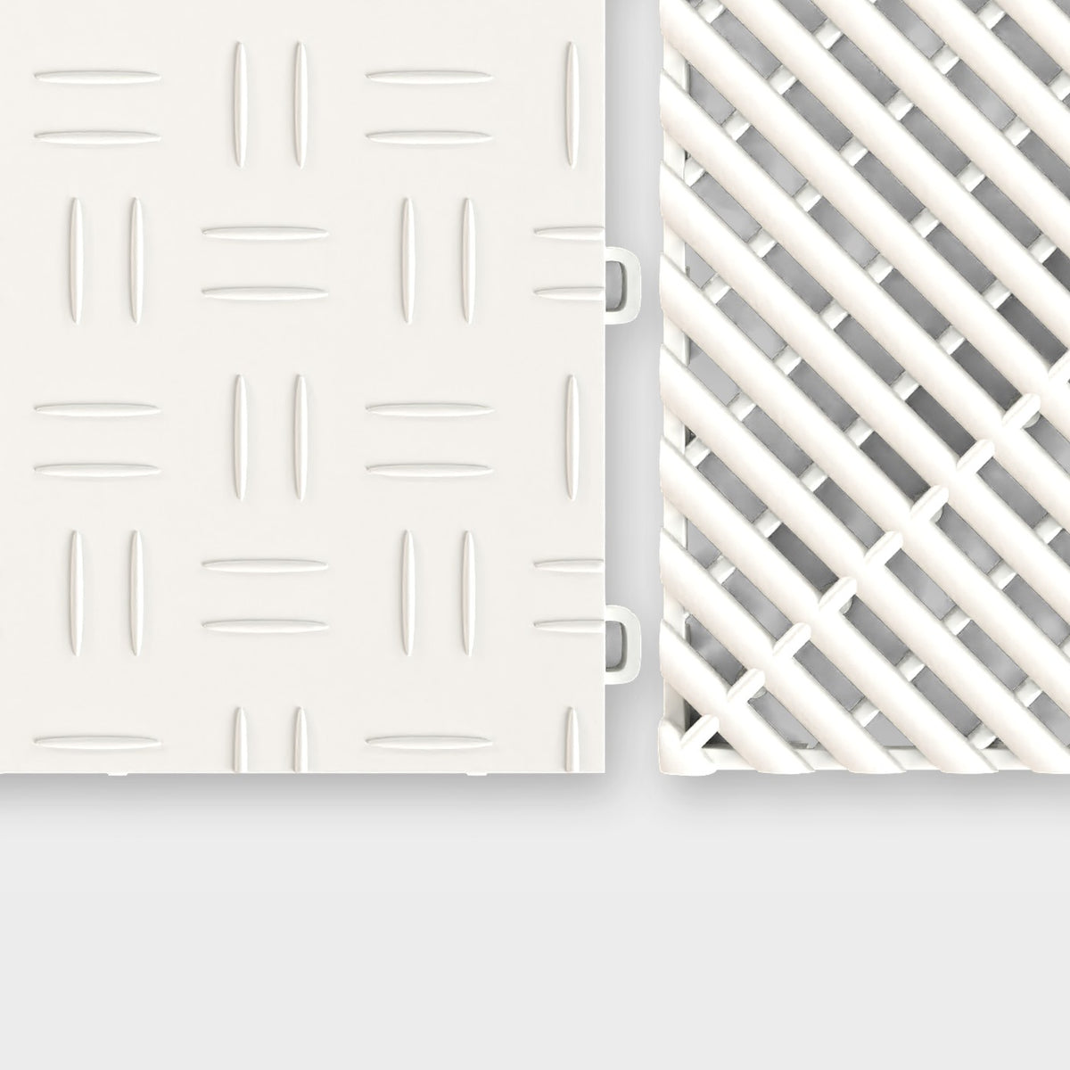 ULTRATUFF tile in Alpine White beside an ULTRAGRID tile in Alpine White, about to click together