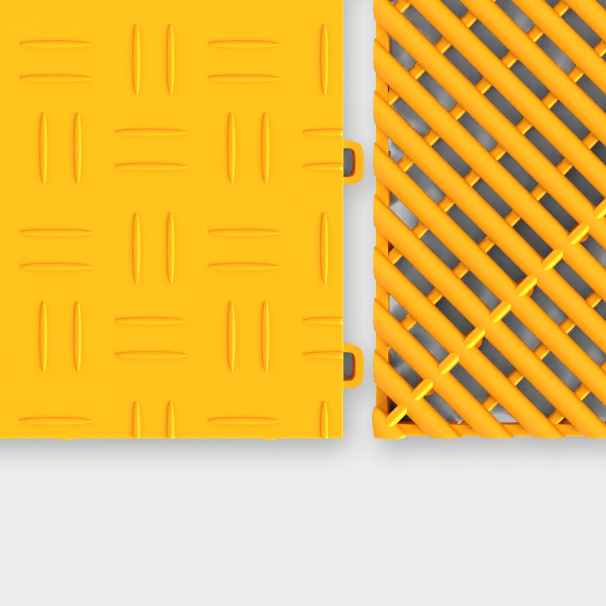 ULTRATUFF tile in Speed Yellow beside an ULTRAGRID tile in Speed Yellow, about to click together