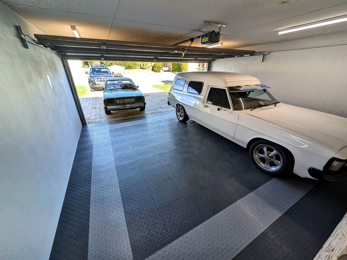 A customer's garage floor in ULTRATUFF Space Grey and Silver Grey