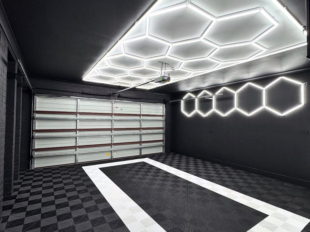 A customer's garage floor in ULTRAGRID Jet Black and Alpine White