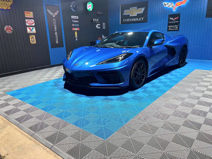 A customer's garage floor in ULTRAGRID Riviera Blue, Silver Grey and Jet Black