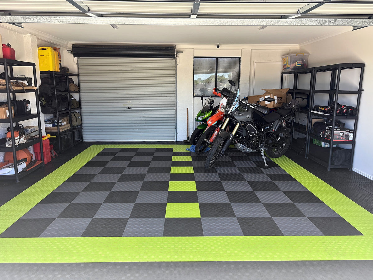 A customer's garage floor in ULTRATUFF Jet Black, Space Grey and Electric Green