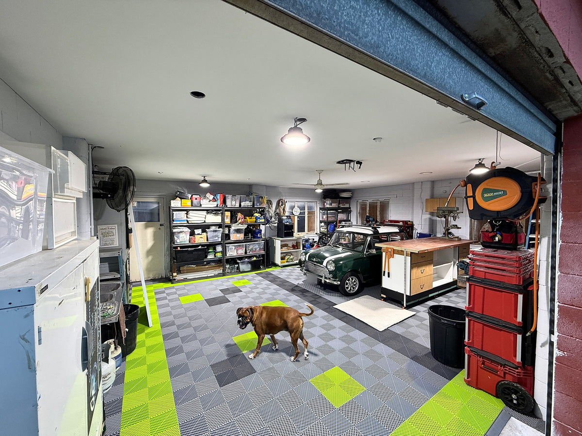 A customer's garage floor in ULTRAGRID Silver Grey and Electric Green, with ULTRATUFF Silver Grey