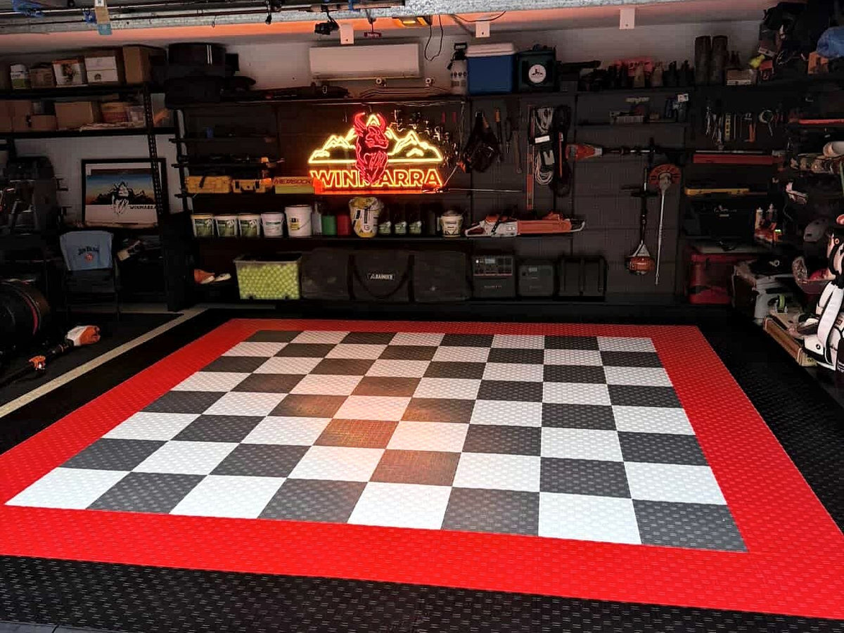 A customer's garage floor in ULTRATUFF Space Grey, Glacier Grey, Jet Black and Rosso Red