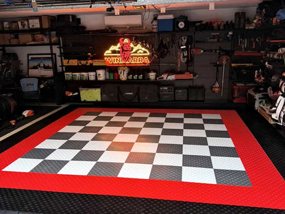A customer's garage floor in ULTRATUFF Space Grey, Glacier Grey, Jet Black and Rosso Red