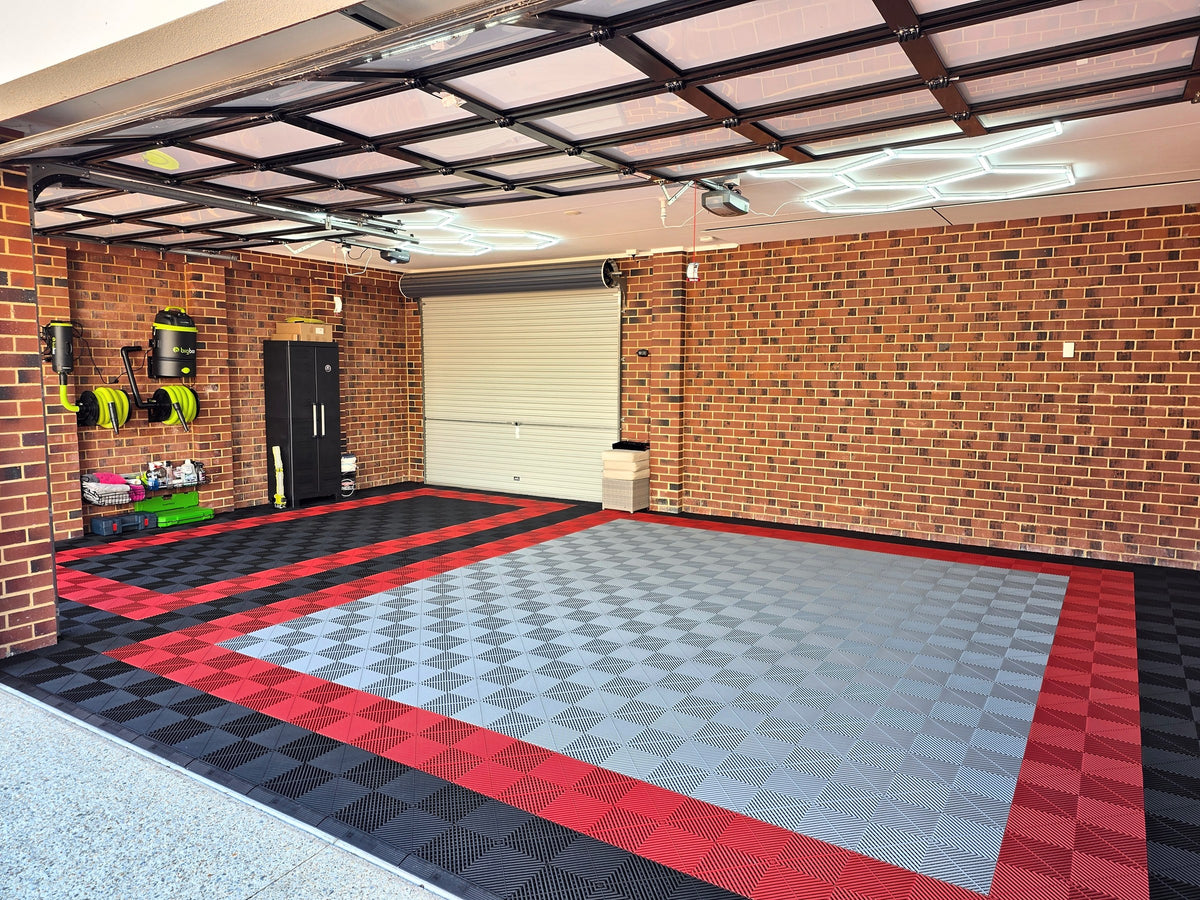 A customer's garage floor in ULTRAGRID Jet Black, Silver Grey and Crimson Red