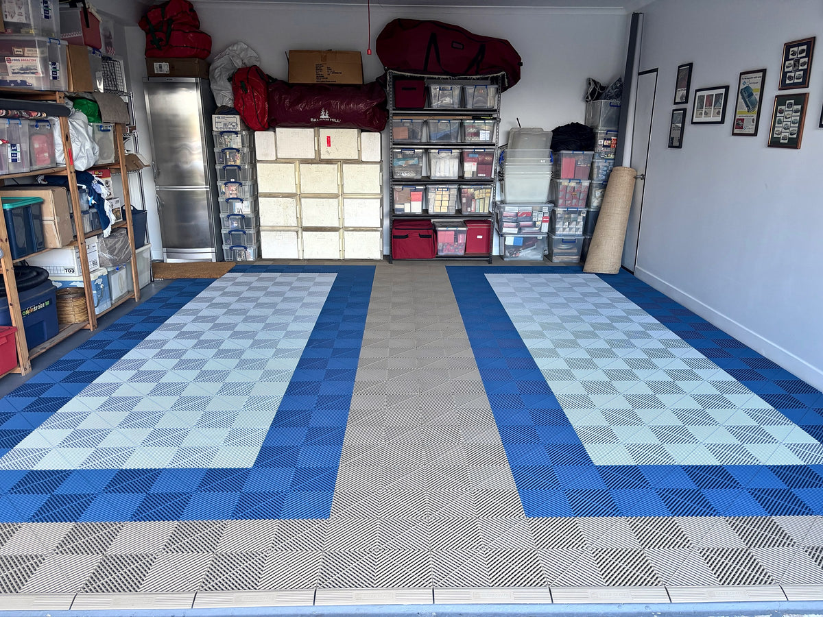 A customer's garage floor in ULTRAGRID Stone Beige, Aero Blue and Glacier Grey