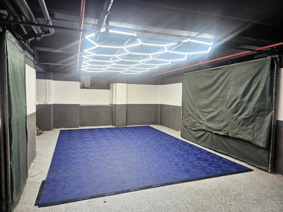 A customer's garage floor in ULTRACORE Night Blue