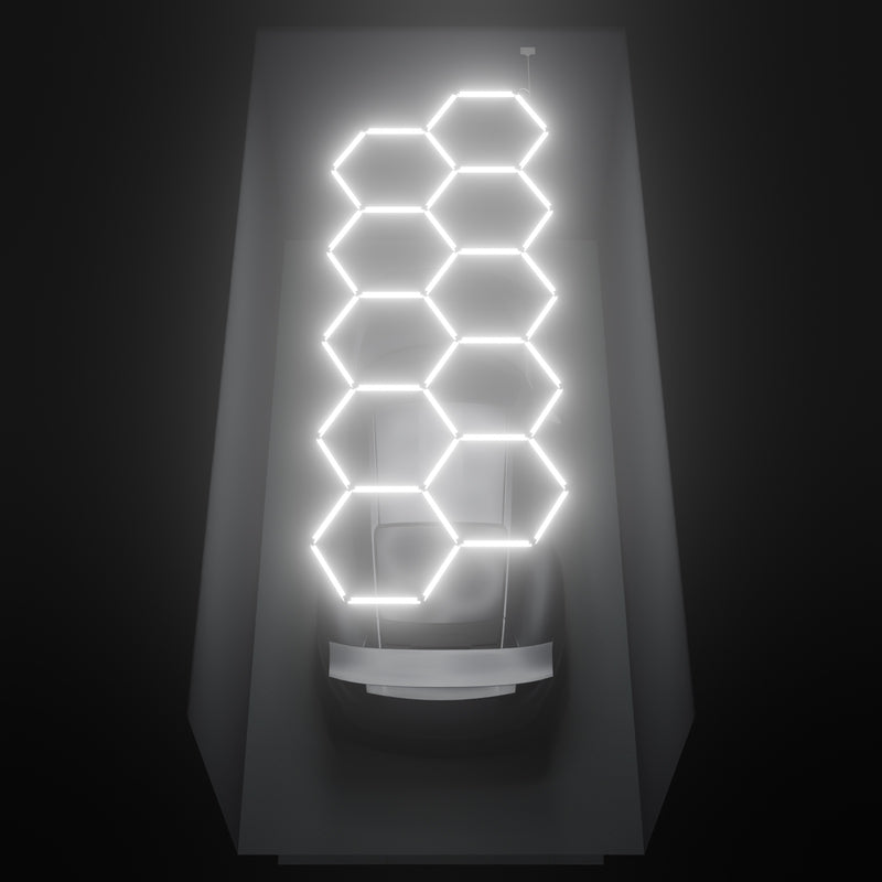 ULTRABEAM Hex Classic 10-Grid A, 4.5 x 1.7 m, lit on the ceiling of a 3 x 6 m single garage