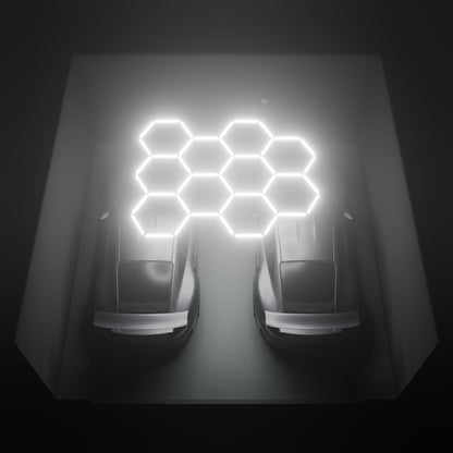 ULTRABEAM Hex Classic 10-Grid B, 3.1 x 2.5 m, lit on the ceiling of a 6 x 6 m double garage