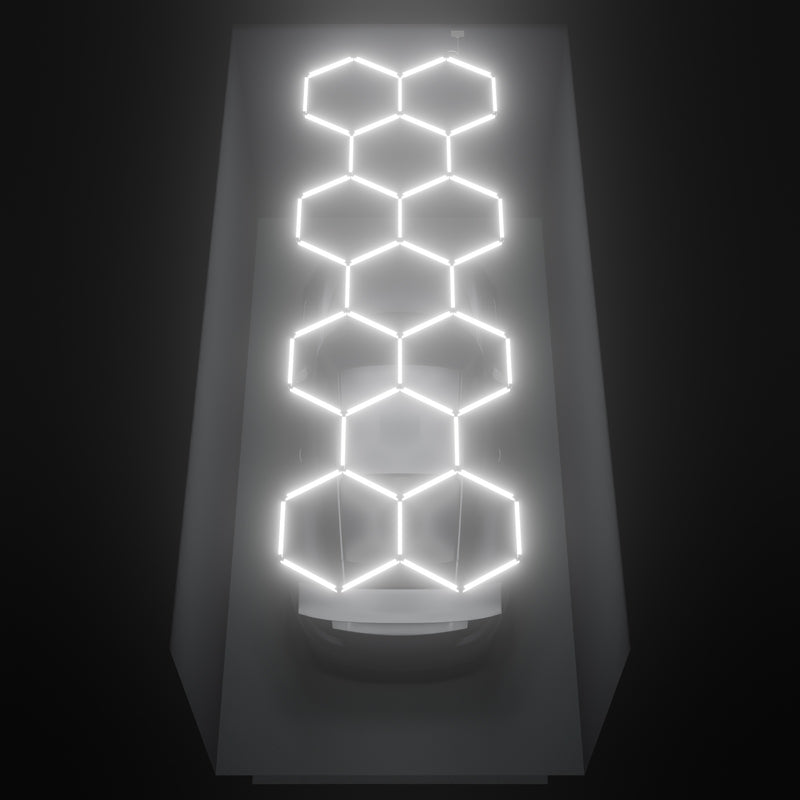 ULTRABEAM Hex Classic 11-Grid A, 5.2 x 1.7 m, lit on the ceiling of a 3 x 6 m single garage