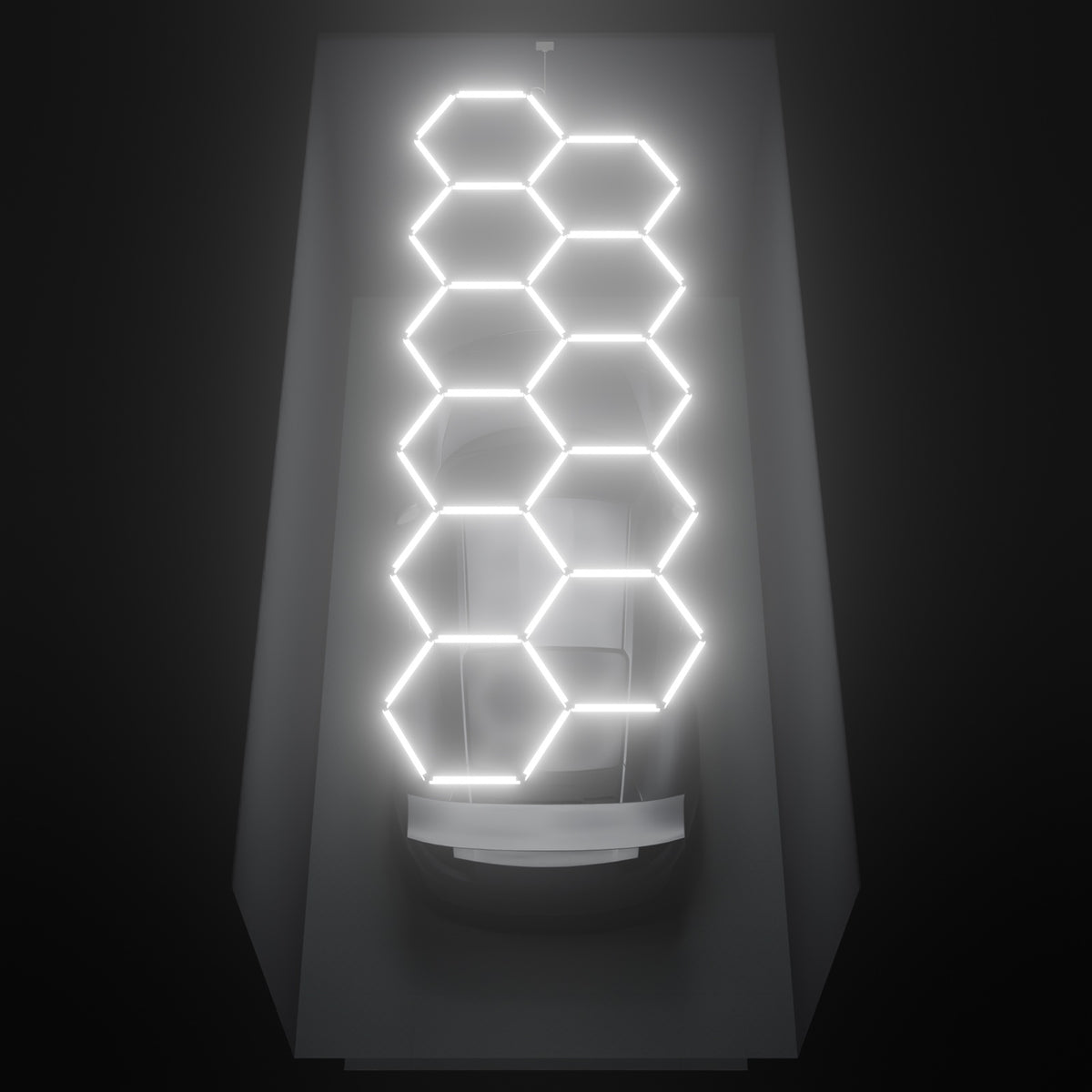 ULTRABEAM Hex Classic 11-Grid B, 4.9 x 1.7 m, lit on the ceiling of a 3 x 6 m single garage