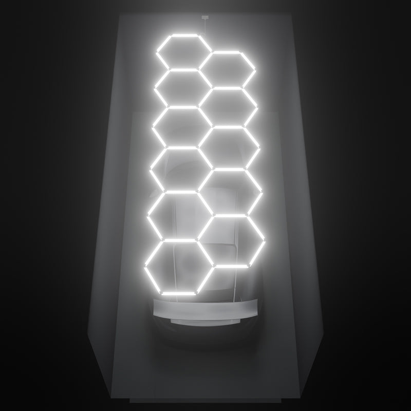 ULTRABEAM Hex Classic 11-Grid B, 4.9 x 1.7 m, lit on the ceiling of a 3 x 6 m single garage