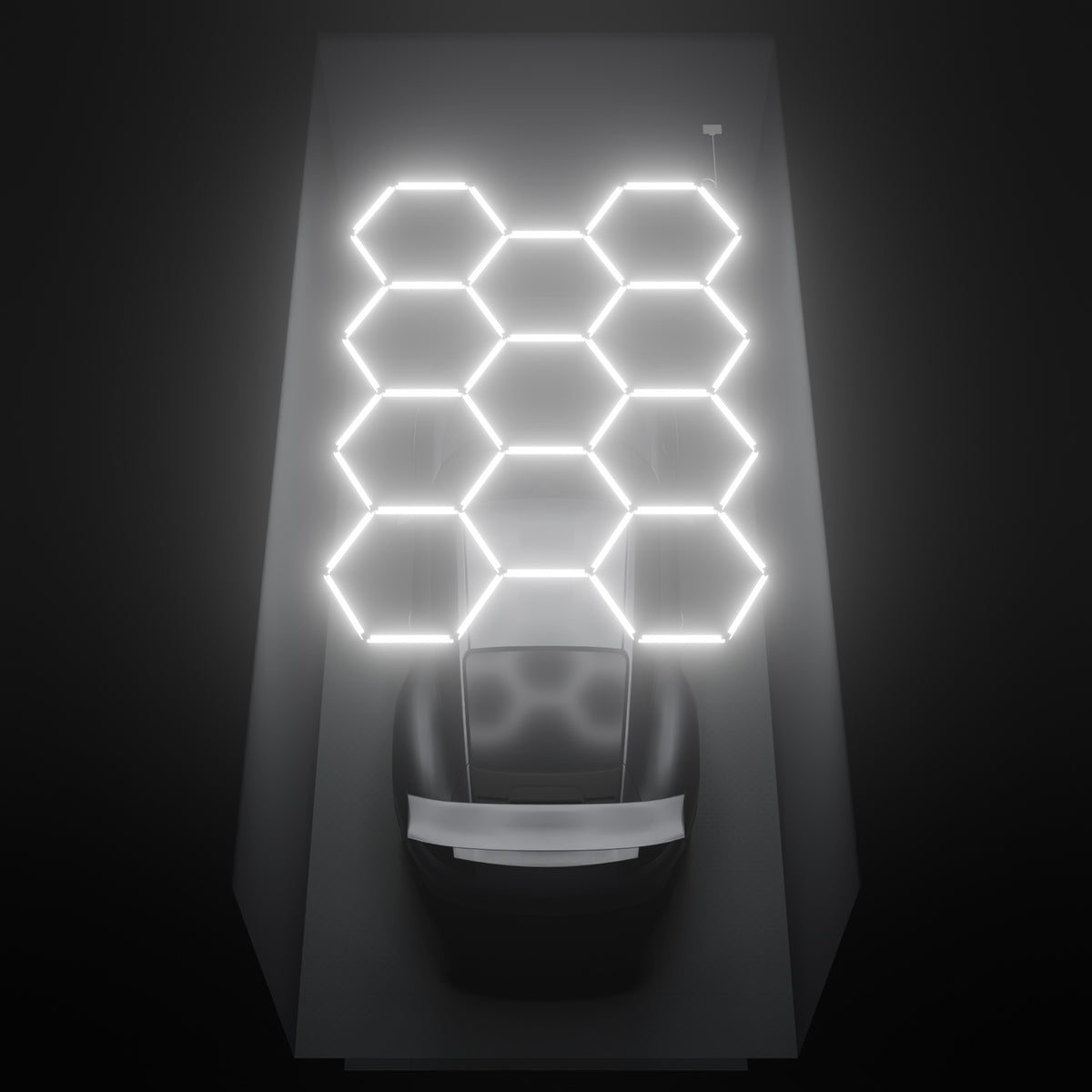 ULTRABEAM Hex Classic 11-Grid C, 3.3 x 2.4 m, lit on the ceiling of a 3 x 6 m single garage