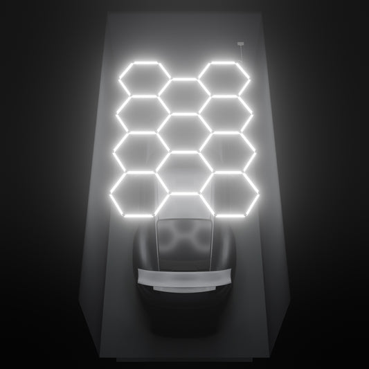 ULTRABEAM Hex Classic 11-Grid C, 3.3 x 2.4 m, lit on the ceiling of a 3 x 6 m single garage