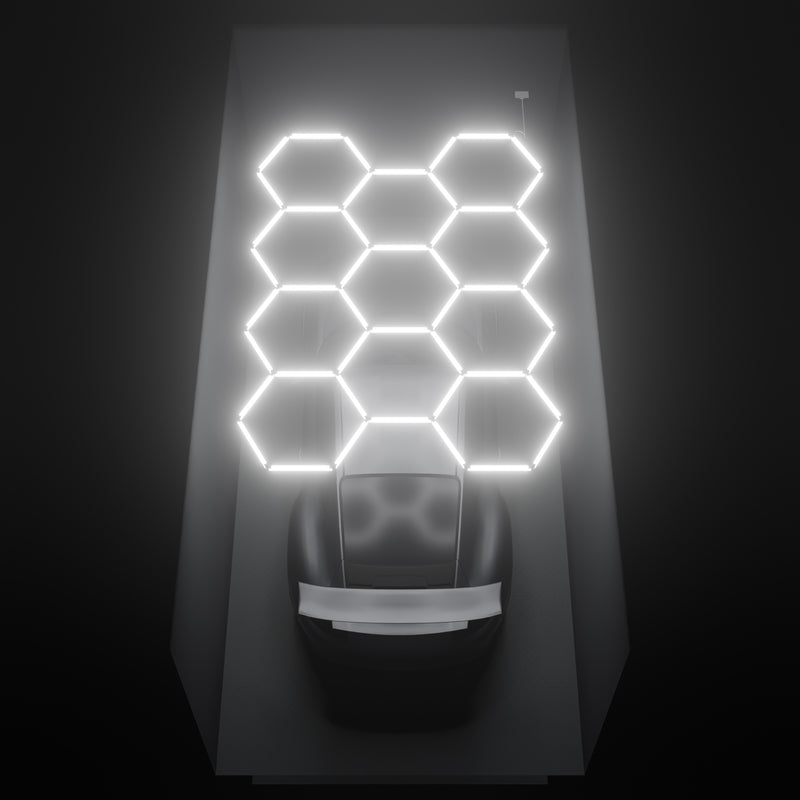 ULTRABEAM Hex Classic 11-Grid C, 3.3 x 2.4 m, lit on the ceiling of a 3 x 6 m single garage