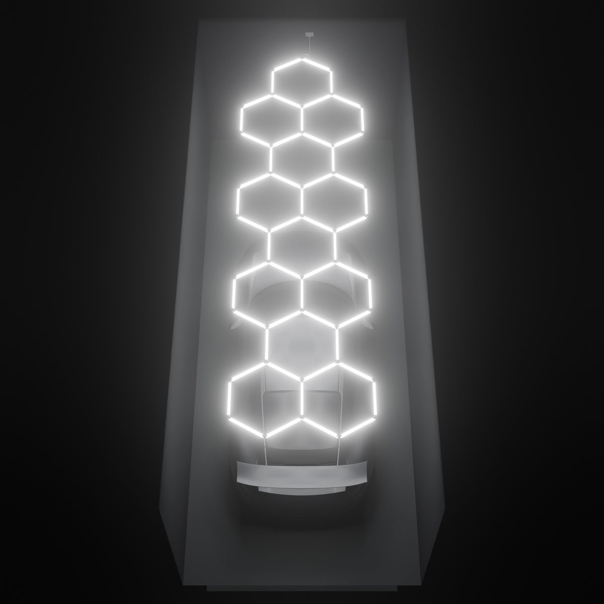 ULTRABEAM Hex Classic 12-Grid A, 5.9 x 1.7 m, lit on the ceiling of a 3 x 7.5 m single garage