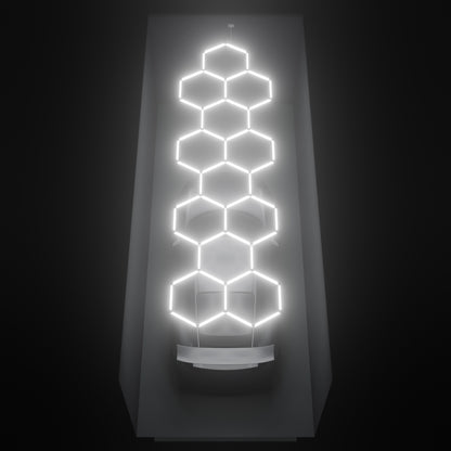 ULTRABEAM Hex Classic 12-Grid A, 5.9 x 1.7 m, lit on the ceiling of a 3 x 7.5 m single garage