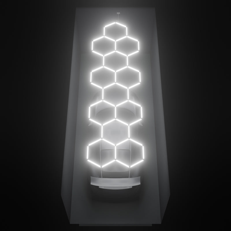 ULTRABEAM Hex Classic 12-Grid A, 5.9 x 1.7 m, lit on the ceiling of a 3 x 7.5 m single garage