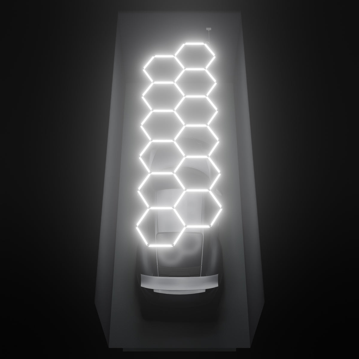 ULTRABEAM Hex Classic 12-Grid B, 5.3 x 1.7 m, lit on the ceiling of a 3 x 7.5 m single garage