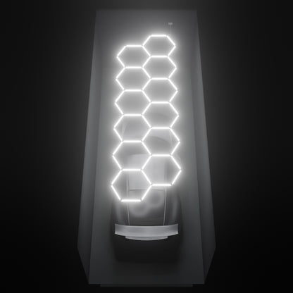 ULTRABEAM Hex Classic 12-Grid B, 5.3 x 1.7 m, lit on the ceiling of a 3 x 7.5 m single garage