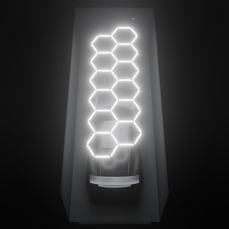 ULTRABEAM Hex Classic 12-Grid B, 5.3 x 1.7 m, lit on the ceiling of a 3 x 7.5 m single garage