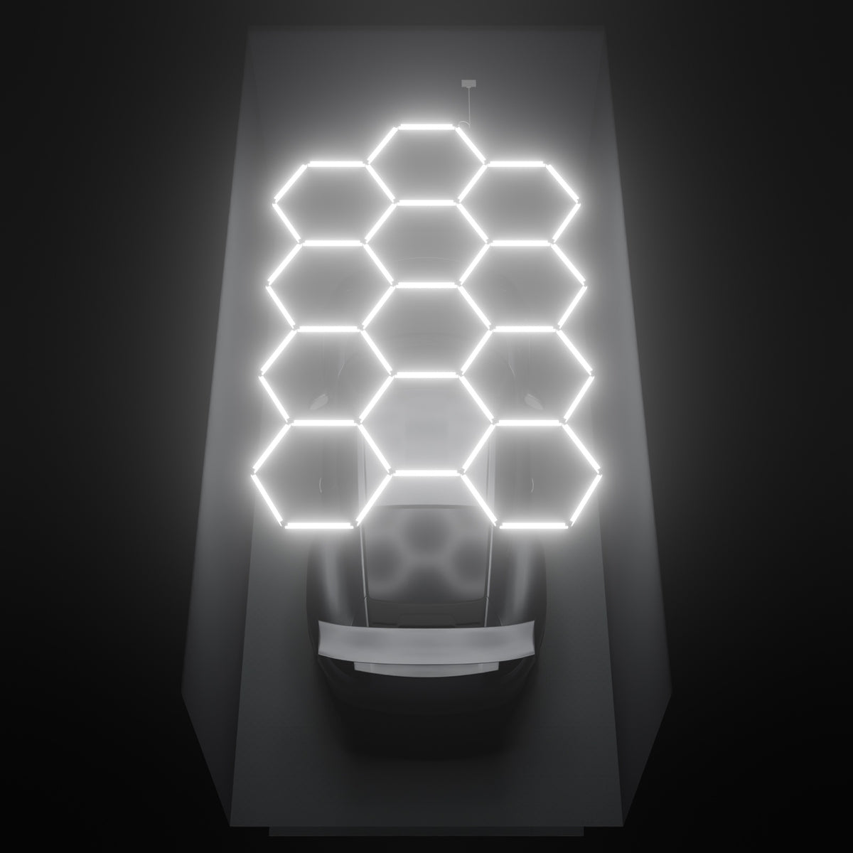 ULTRABEAM Hex Classic 12-Grid C, 3.7 x 2.4 m, lit on the ceiling of a 3 x 6 m single garage