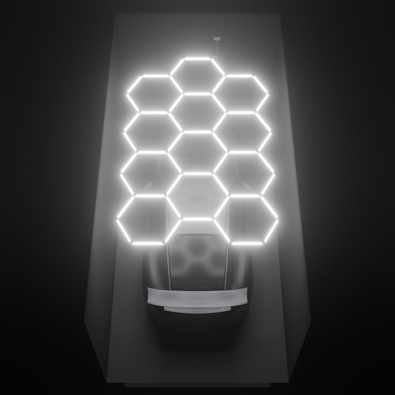 ULTRABEAM Hex Classic 12-Grid C, 3.7 x 2.4 m, lit on the ceiling of a 3 x 6 m single garage