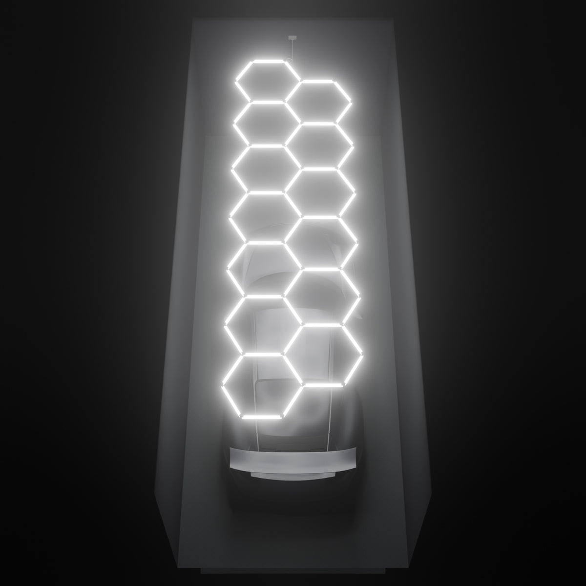ULTRABEAM Hex Classic 13-Grid A, 5.7 x 1.7 m, lit on the ceiling of a 3 x 7.5 m single garage