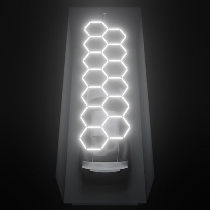 ULTRABEAM Hex Classic 13-Grid A, 5.7 x 1.7 m, lit on the ceiling of a 3 x 7.5 m single garage