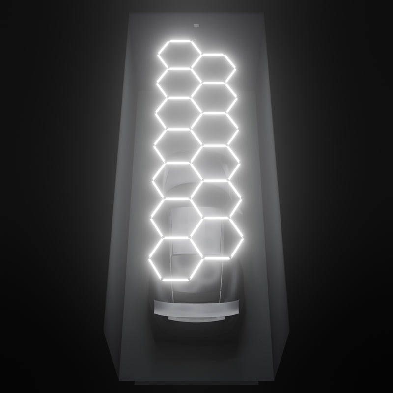 ULTRABEAM Hex Classic 13-Grid A, 5.7 x 1.7 m, lit on the ceiling of a 3 x 7.5 m single garage