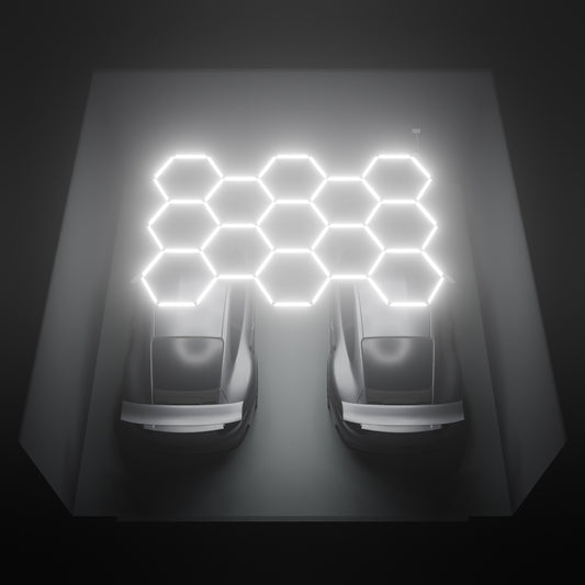 ULTRABEAM Hex Classic 13-Grid B, 3.8 x 2.5 m, lit on the ceiling of a 6 x 6 m double garage