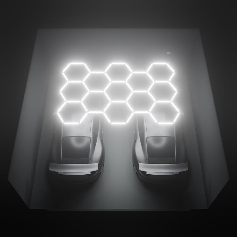 ULTRABEAM Hex Classic 13-Grid B, 3.8 x 2.5 m, lit on the ceiling of a 6 x 6 m double garage