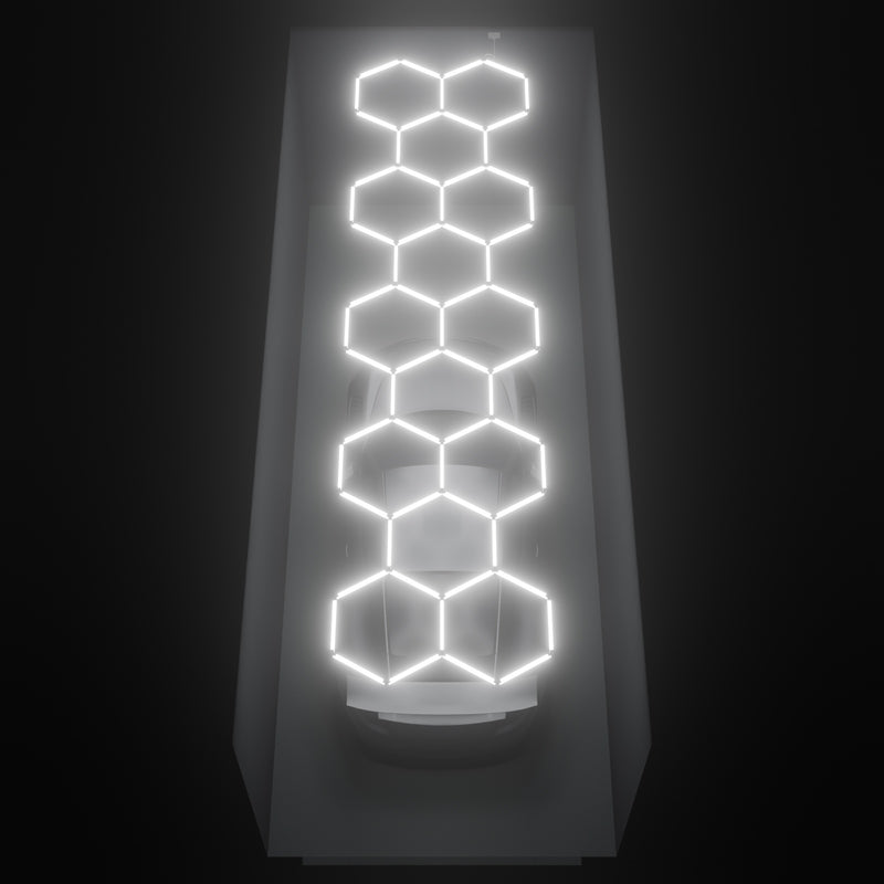 ULTRABEAM Hex Classic 14-Grid A, 6.6 x 1.7 m, lit on the ceiling of a 3 x 7.5 m single garage