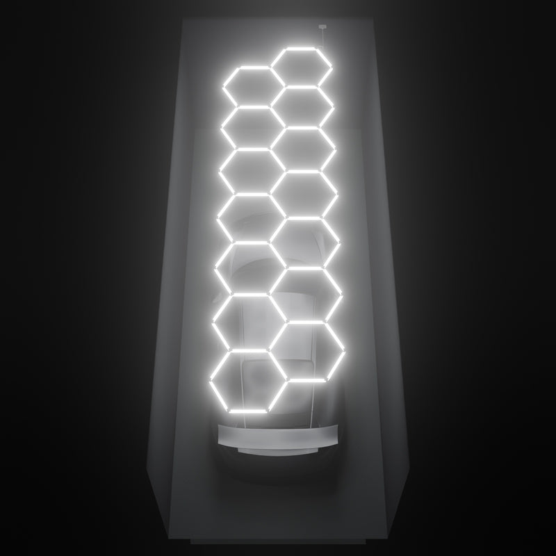 ULTRABEAM Hex Classic 14-Grid B, 6.1 x 1.7 m, lit on the ceiling of a 3 x 7.5 m single garage