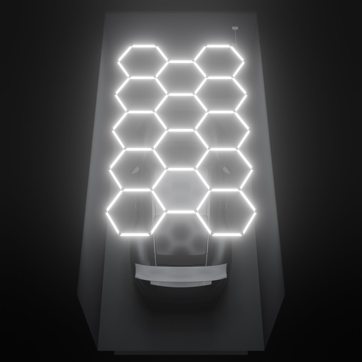ULTRABEAM Hex Classic 14-Grid C, 4.1 x 2.4 m, lit on the ceiling of a 3 x 6 m single garage