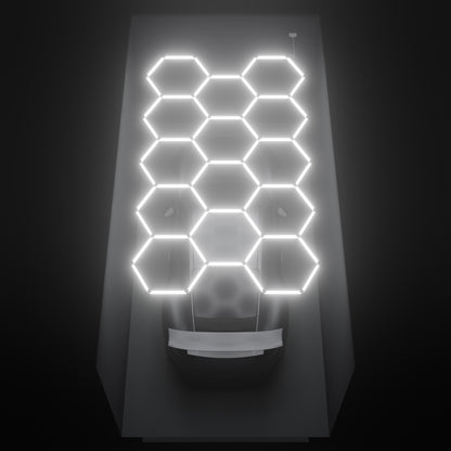 ULTRABEAM Hex Classic 14-Grid C, 4.1 x 2.4 m, lit on the ceiling of a 3 x 6 m single garage