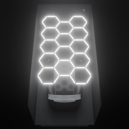 ULTRABEAM Hex Classic 14-Grid C, 4.1 x 2.4 m, lit on the ceiling of a 3 x 6 m single garage