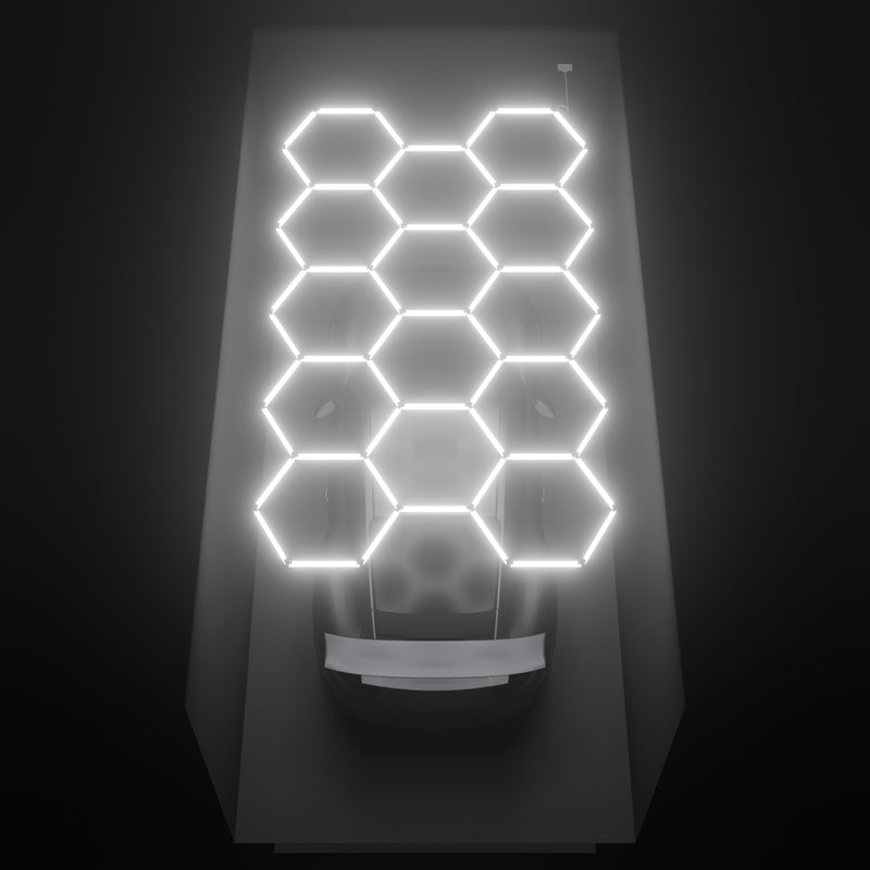 ULTRABEAM Hex Classic 14-Grid C, 4.1 x 2.4 m, lit on the ceiling of a 3 x 6 m single garage