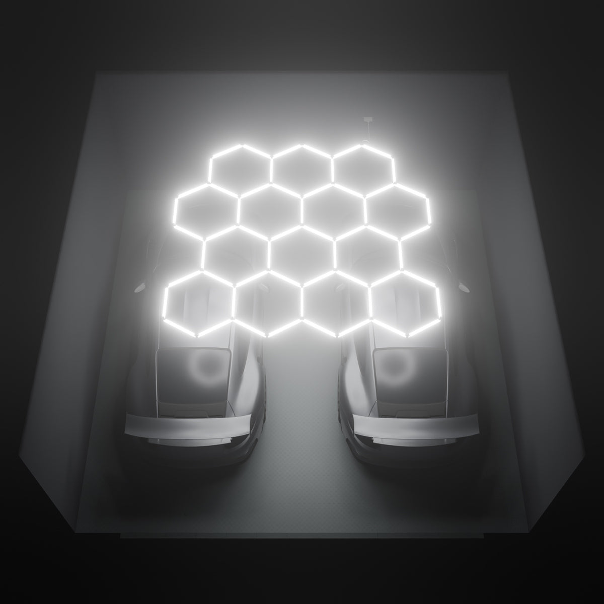 ULTRABEAM Hex Classic 14-Grid D, 3.3 x 3.1 m, lit on the ceiling of a 6 x 6 m double garage