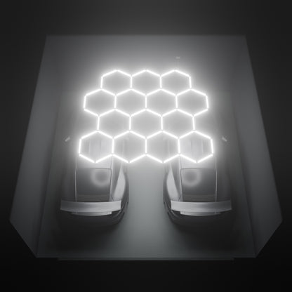 ULTRABEAM Hex Classic 14-Grid D, 3.3 x 3.1 m, lit on the ceiling of a 6 x 6 m double garage