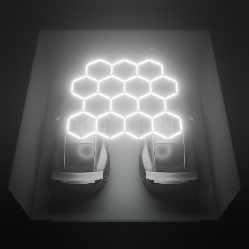 ULTRABEAM Hex Classic 14-Grid D, 3.3 x 3.1 m, lit on the ceiling of a 6 x 6 m double garage