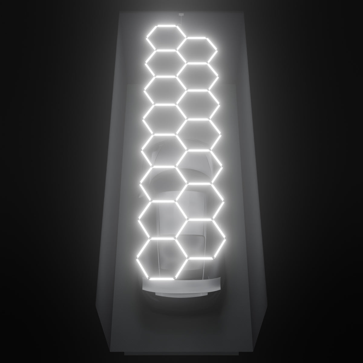 ULTRABEAM Hex Classic 15-Grid B, 6.5 x 1.7 m, lit on the ceiling of a 3 x 7.5 m single garage