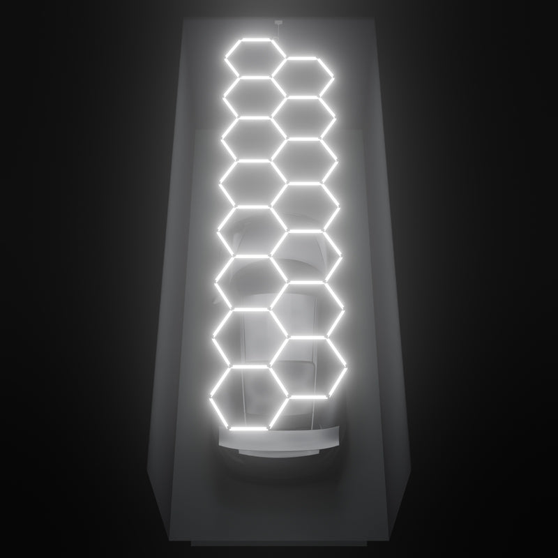 ULTRABEAM Hex Classic 15-Grid B, 6.5 x 1.7 m, lit on the ceiling of a 3 x 7.5 m single garage