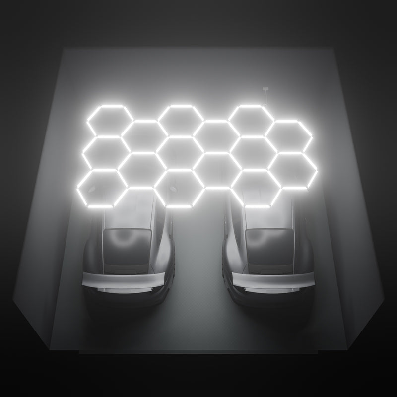 ULTRABEAM Hex Classic 15-Grid C, 4.5 x 2.5 m, lit on the ceiling of a 6 x 6 m double garage
