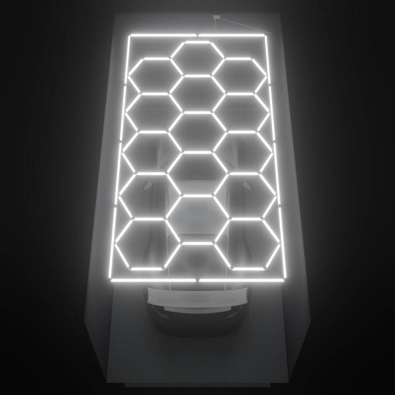 ULTRABEAM Hex Classic 15-Grid D, 4.5 x 2.4 m, with a Cool Daylight border, lit on the ceiling of a 3 x 6 m single garage