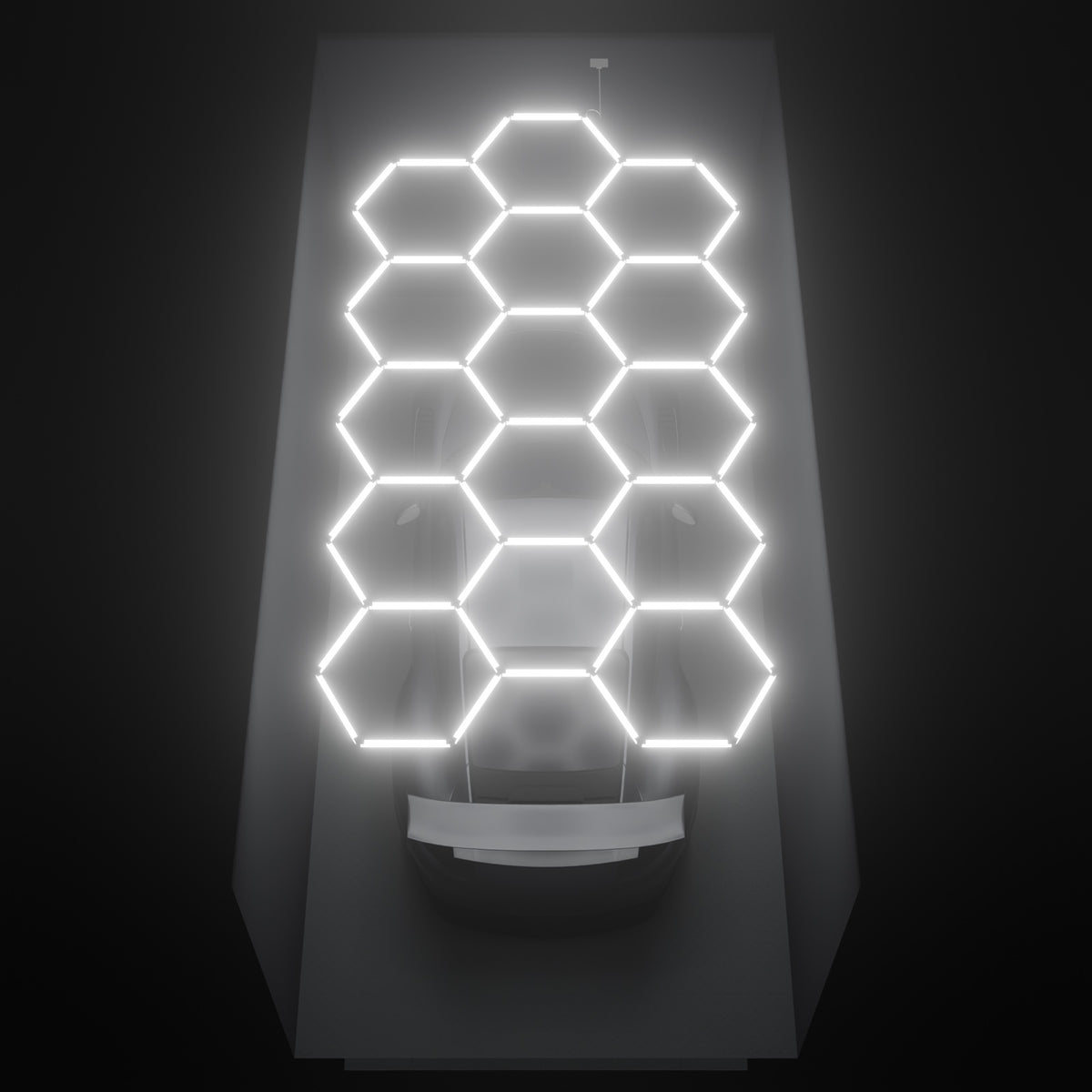 ULTRABEAM Hex Classic 15-Grid D, 4.5 x 2.4 m, lit on the ceiling of a 3 x 6 m single garage