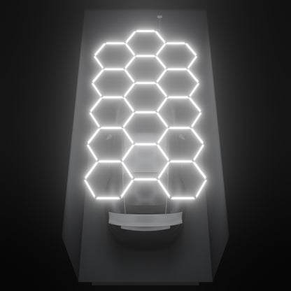 ULTRABEAM Hex Classic 15-Grid D, 4.5 x 2.4 m, lit on the ceiling of a 3 x 6 m single garage
