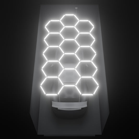 ULTRABEAM Hex Classic 15-Grid D, 4.5 x 2.4 m, lit on the ceiling of a 3 x 6 m single garage
