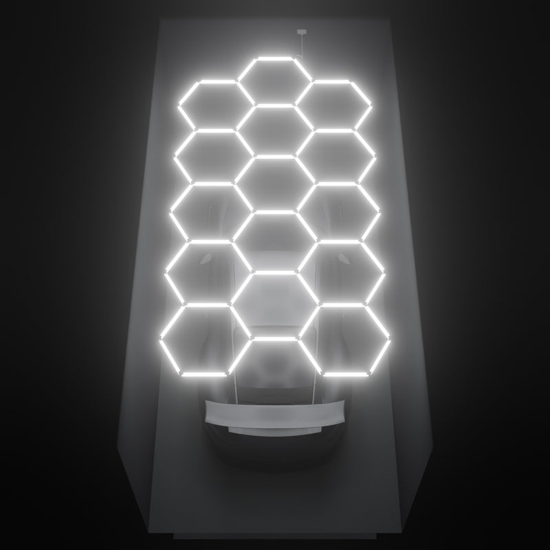 ULTRABEAM Hex Classic 15-Grid D, 4.5 x 2.4 m, lit on the ceiling of a 3 x 6 m single garage